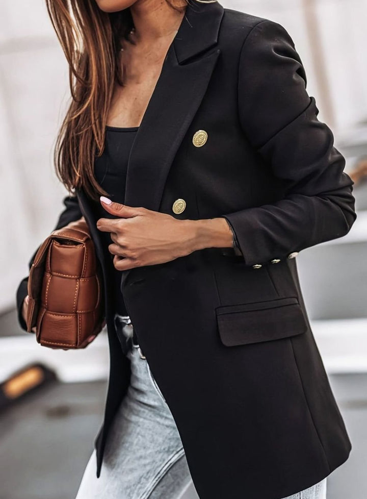 Women's Double-Breasted Gold Button Blazer Structured Slim Workwear Jacket - Black