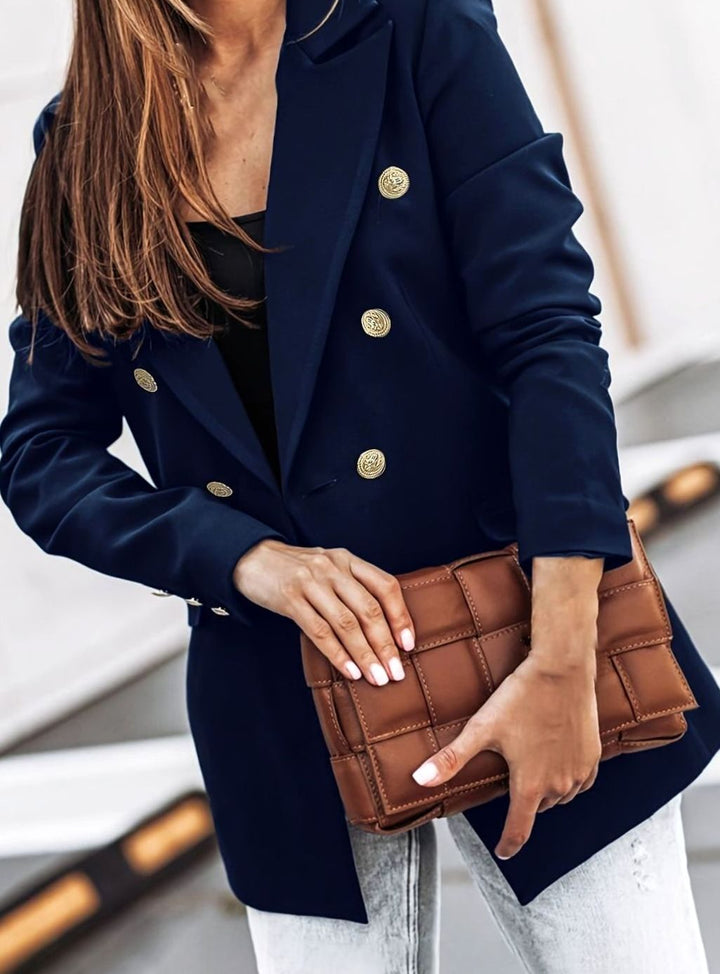 Women's Double-Breasted Gold Button Blazer Structured Slim Workwear Jacket - Blue