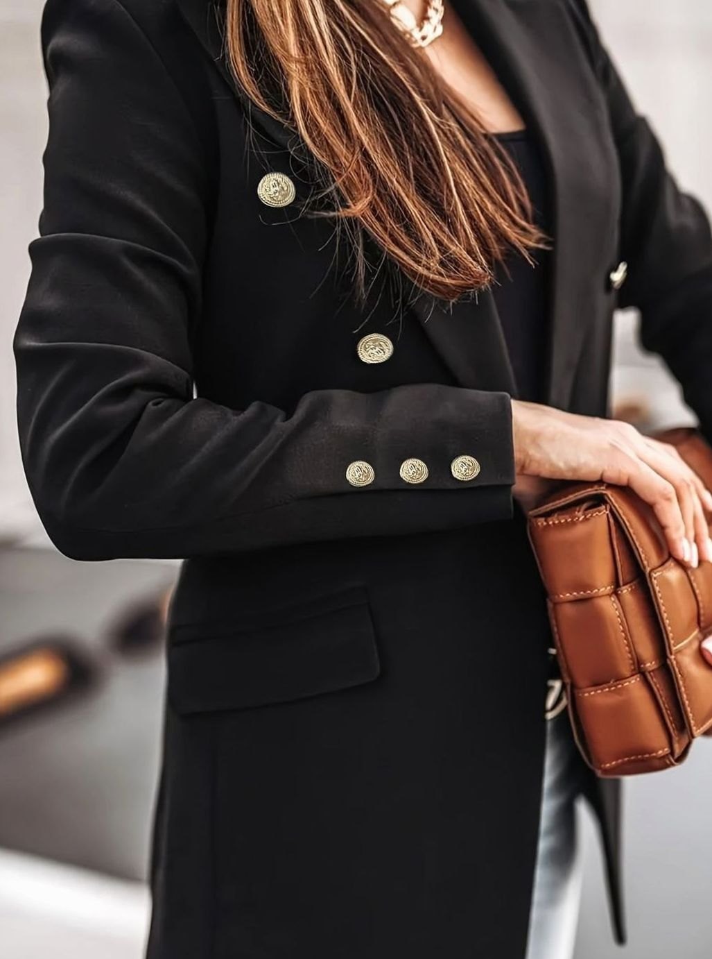 Women's Double-Breasted Gold Button Blazer Structured Slim Workwear Jacket