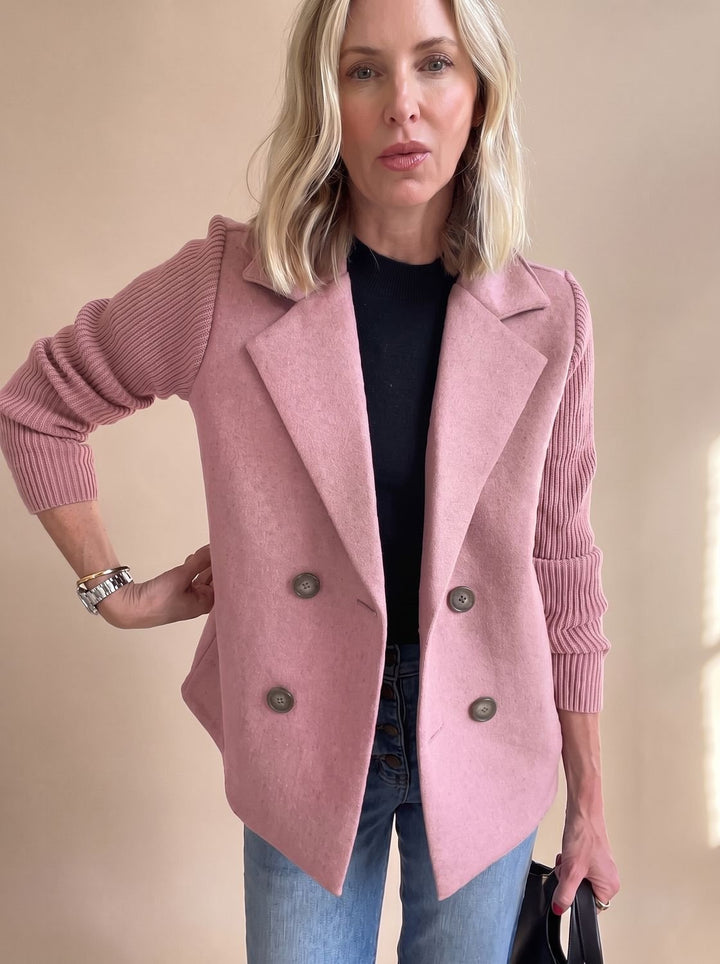 Women's Double-Breasted Knit-Sleeve Tailored Blazer - Pink