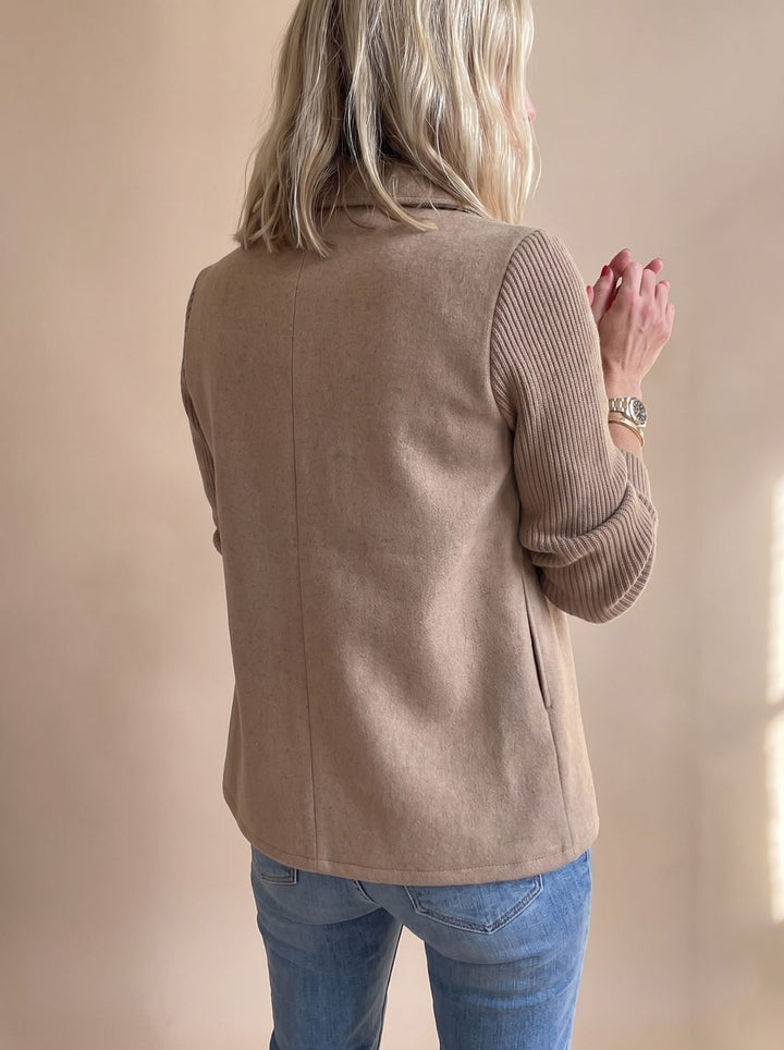 Women's Double-Breasted Knit-Sleeve Tailored Blazer
