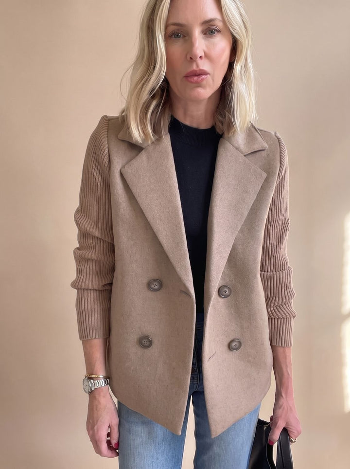 Women's Double-Breasted Knit-Sleeve Tailored Blazer
