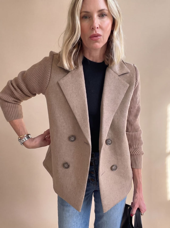 Women's Double-Breasted Knit-Sleeve Tailored Blazer