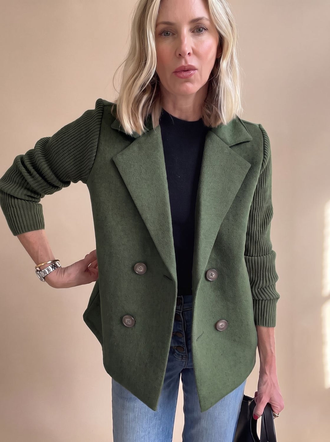 Women's Double-Breasted Knit-Sleeve Tailored Blazer - Green