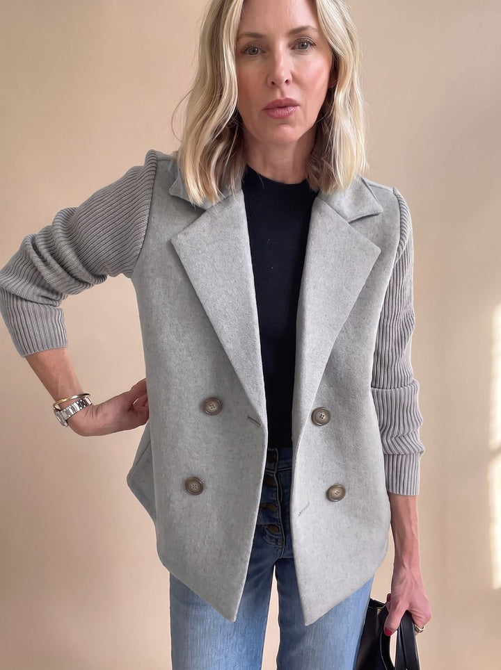 Women's Double-Breasted Knit-Sleeve Tailored Blazer - Gray