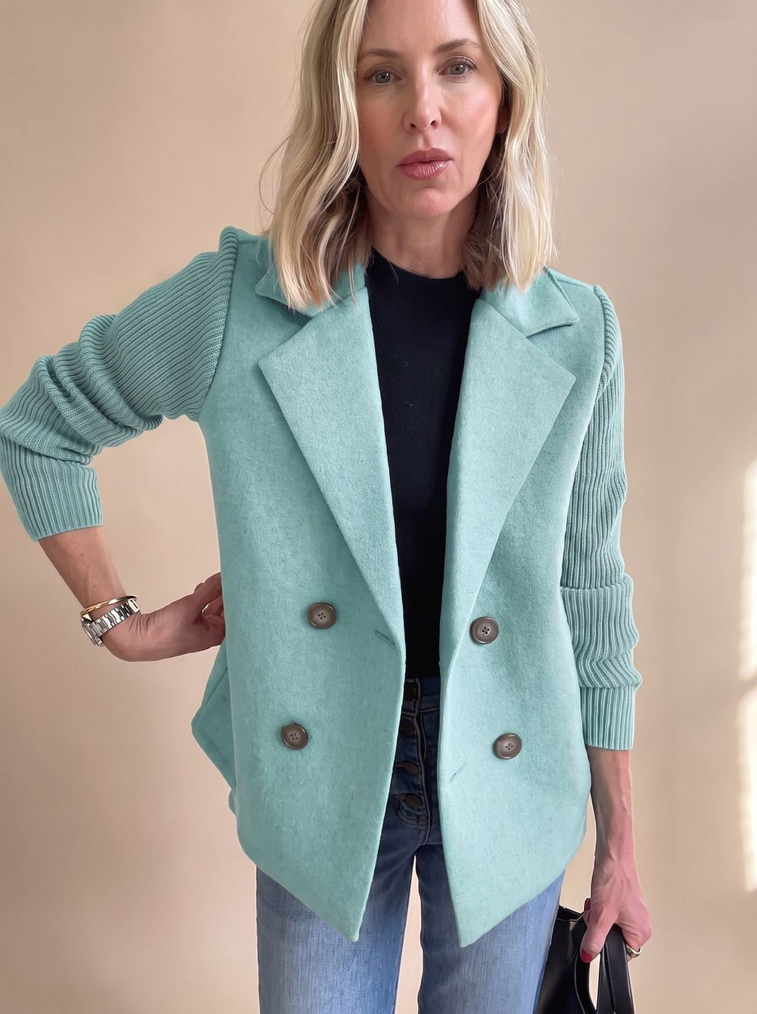 Women's Double-Breasted Knit-Sleeve Tailored Blazer - Light Blue