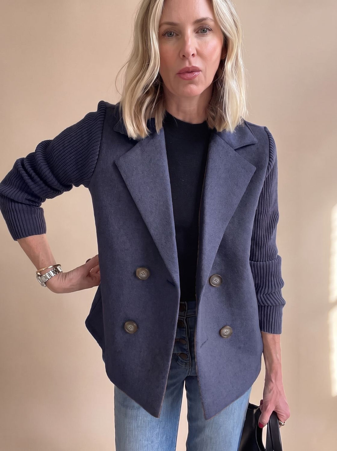 Women's Double-Breasted Knit-Sleeve Tailored Blazer - Blue
