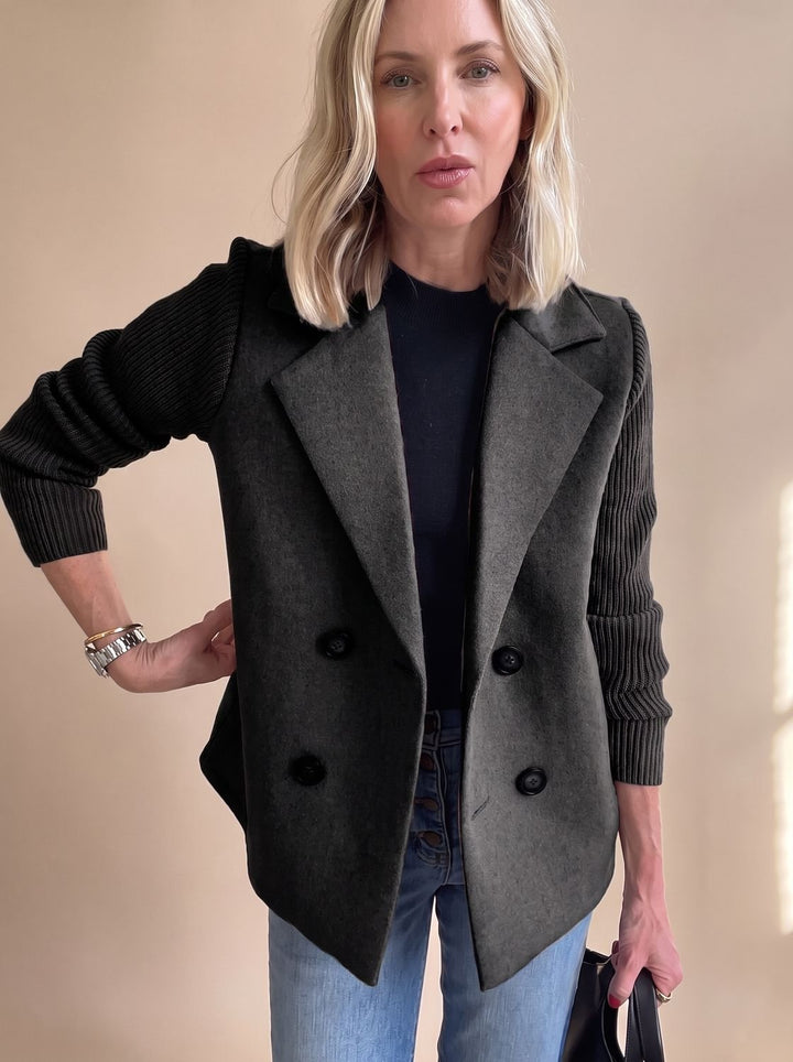 Women's Double-Breasted Knit-Sleeve Tailored Blazer - Black