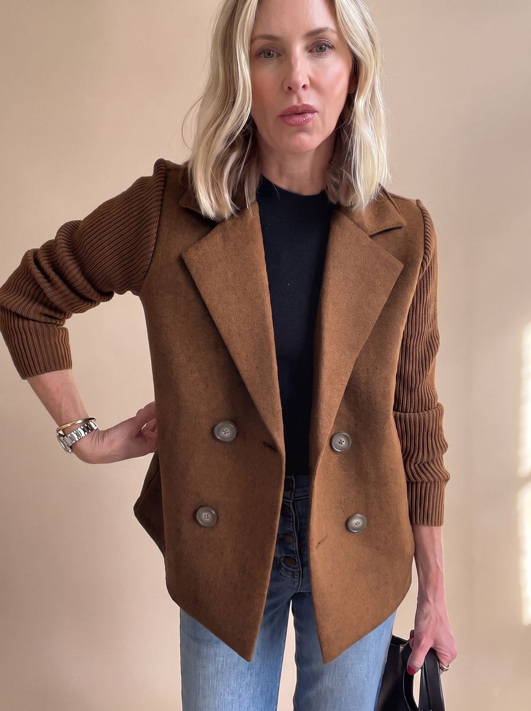 Women's Double-Breasted Knit-Sleeve Tailored Blazer - Dark Brown