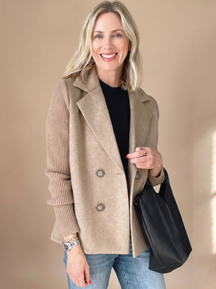 Women's Double-Breasted Knit-Sleeve Tailored Blazer - Khaki