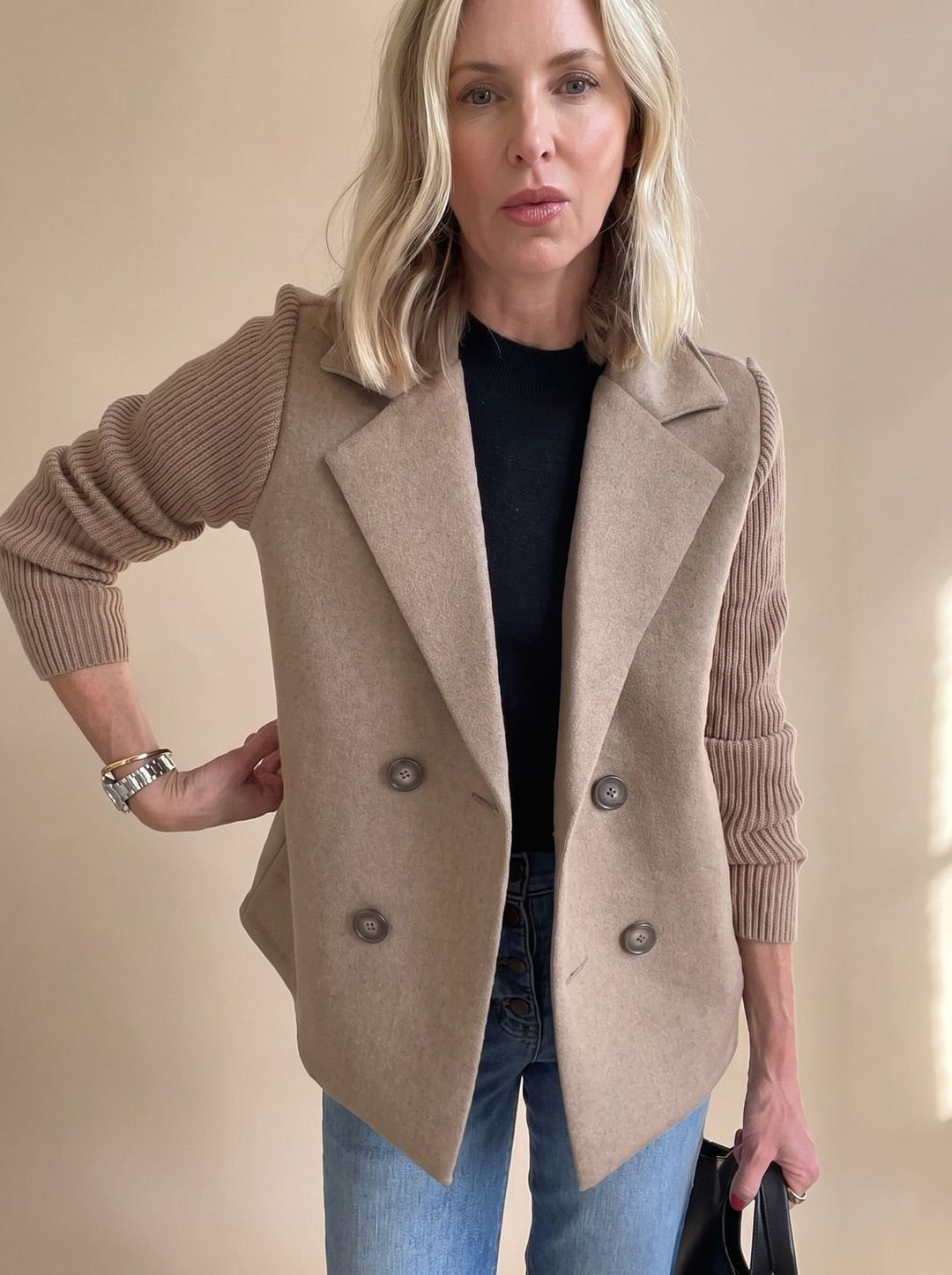 Women's Double-Breasted Knit-Sleeve Tailored Blazer - Brown