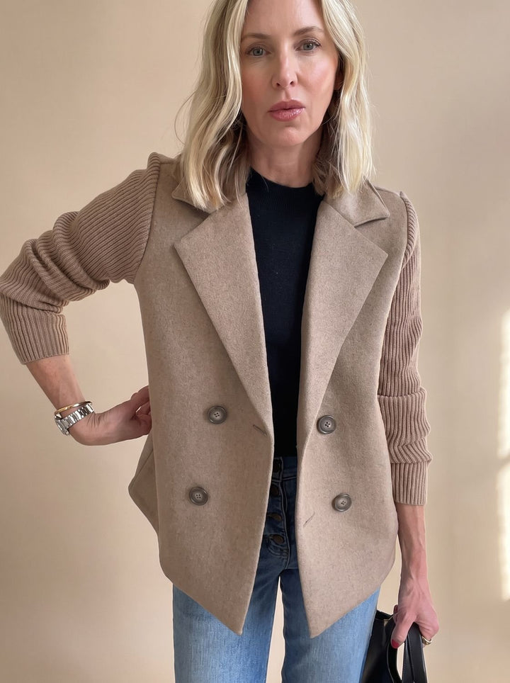 Women's Double-Breasted Knit-Sleeve Tailored Blazer - Brown