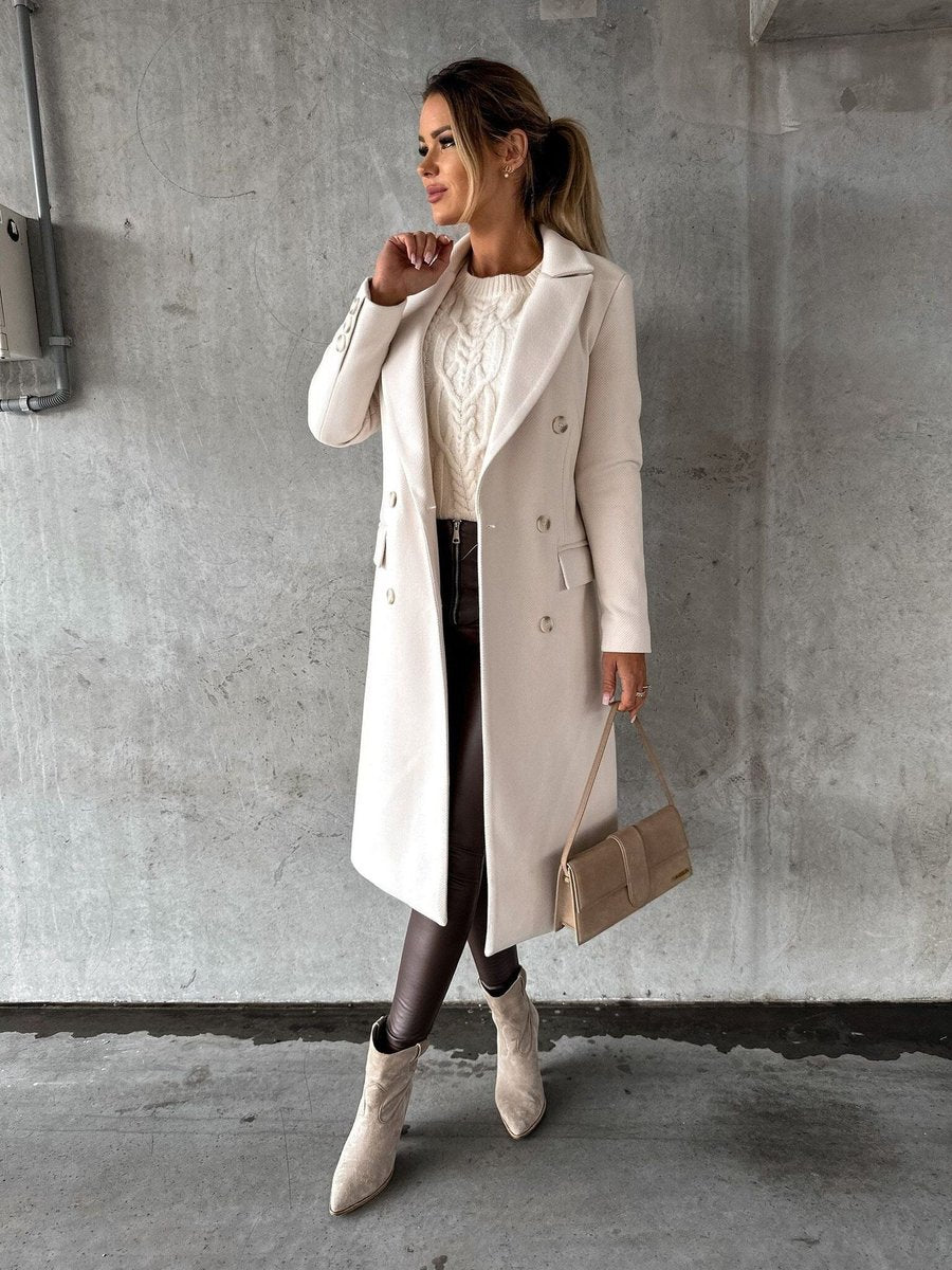 Women's Double-Breasted Long-Sleeve Midi Overcoat - Beige