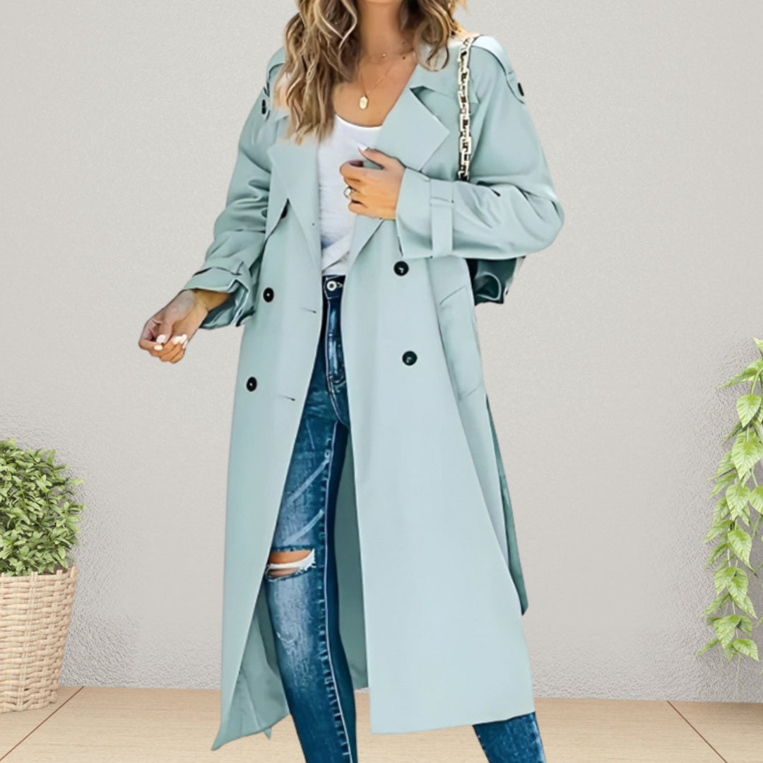 Women's Double-Breasted Longline Belted Trench Coat - Light Blue