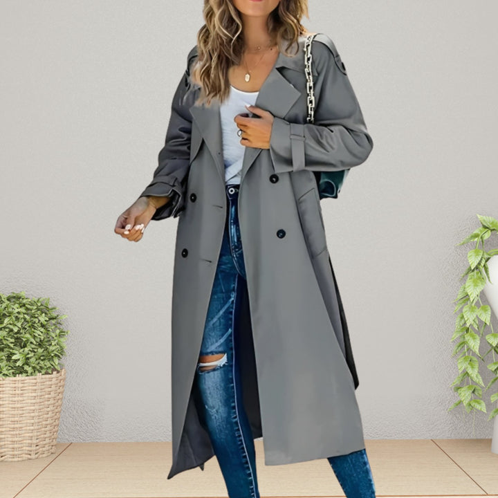 Women's Double-Breasted Longline Belted Trench Coat - Grey