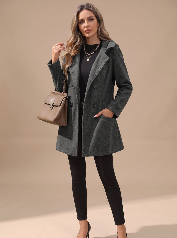 Women's Double-Breasted Notch-Lapel Wool-Blend Coat - Dark Gray