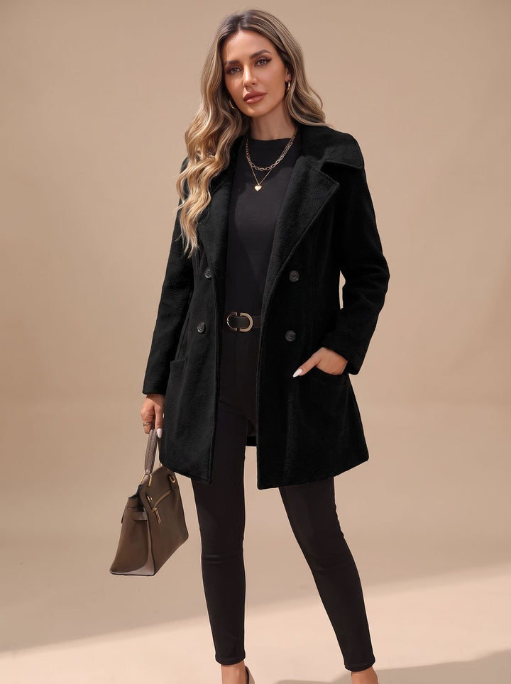 Women's Double-Breasted Notch-Lapel Wool-Blend Coat - Black