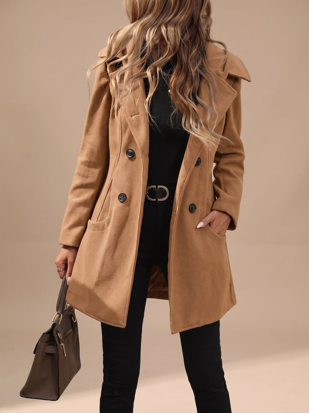 Women's Double-Breasted Notch-Lapel Wool-Blend Coat - Caramel