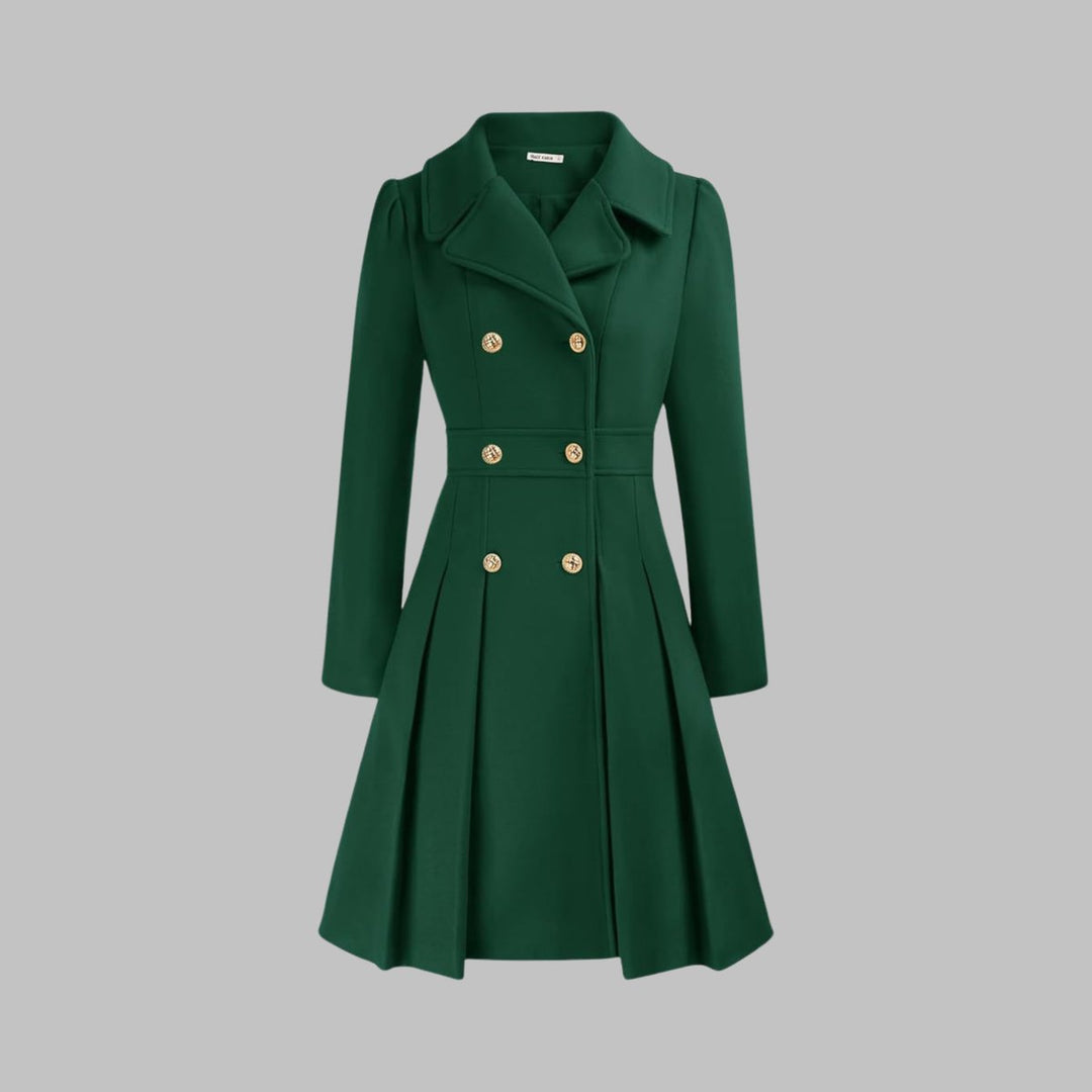 Women's Double-Breasted Pleated A-Line Coat Long Sleeve - Dark Green