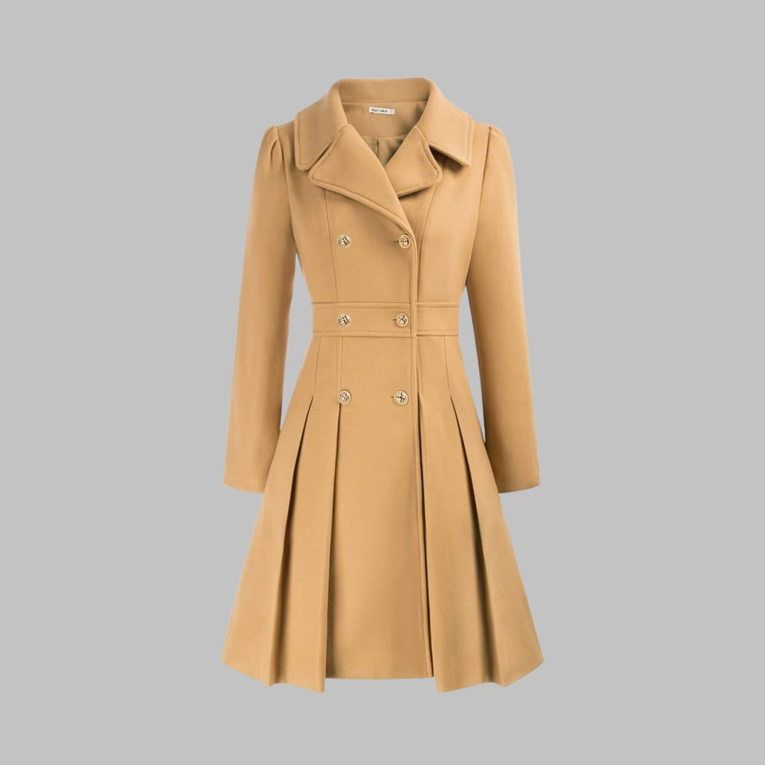 Women's Double-Breasted Pleated A-Line Coat Long Sleeve - Teal