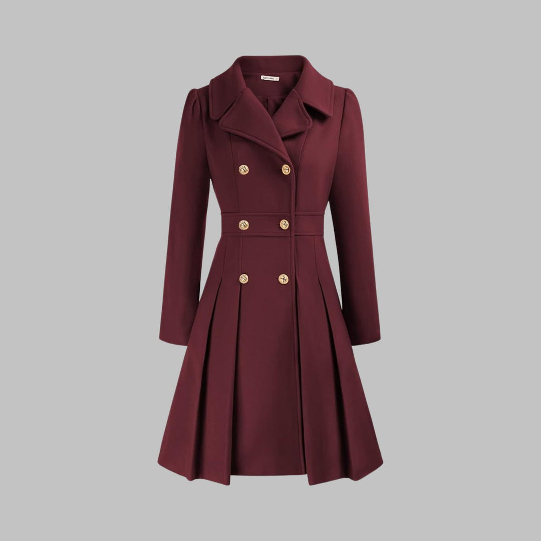 Women's Double-Breasted Pleated A-Line Coat Long Sleeve - Deep Red