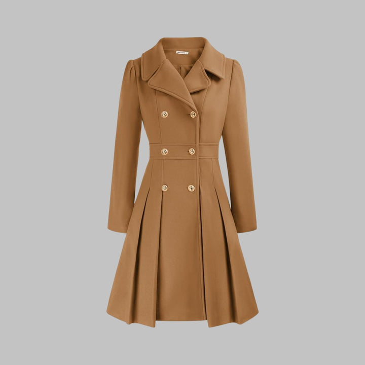 Women's Double-Breasted Pleated A-Line Coat Long Sleeve - Camel