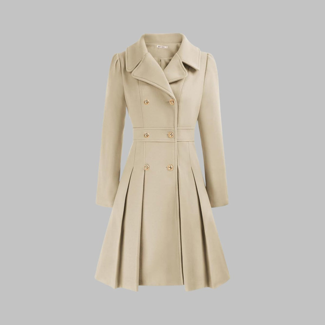 Women's Double-Breasted Pleated A-Line Coat Long Sleeve - Beige