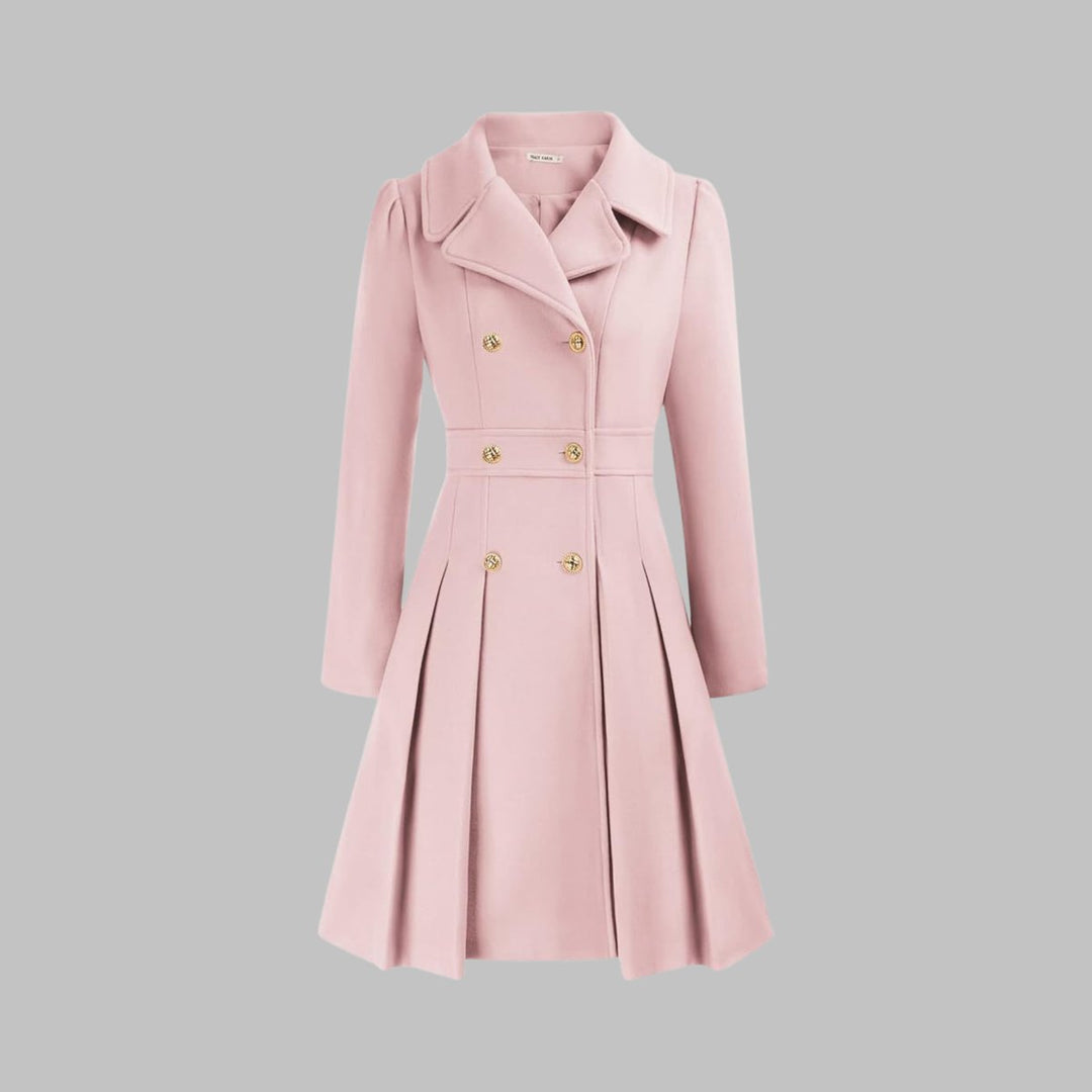 Women's Double-Breasted Pleated A-Line Coat Long Sleeve - Light Pink