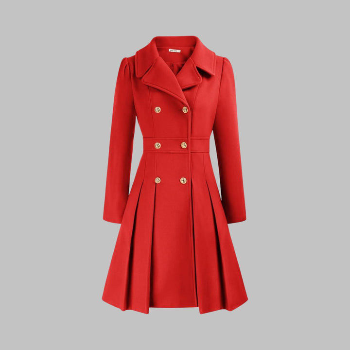 Women's Double-Breasted Pleated A-Line Coat Long Sleeve - Orange