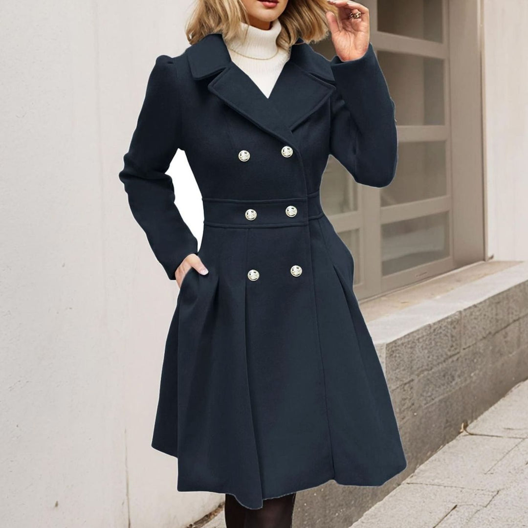 Women's Double-Breasted Pleated A-Line Wool-Blend Longline Coat - Black