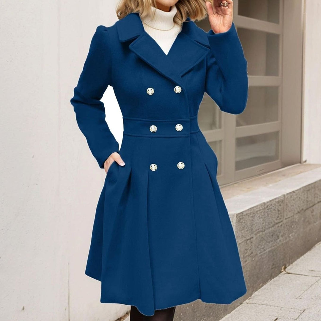 Women's Double-Breasted Pleated A-Line Wool-Blend Longline Coat - Dark Navy