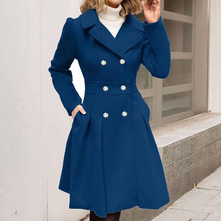 Women's Double-Breasted Pleated A-Line Wool-Blend Longline Coat - Dark Navy