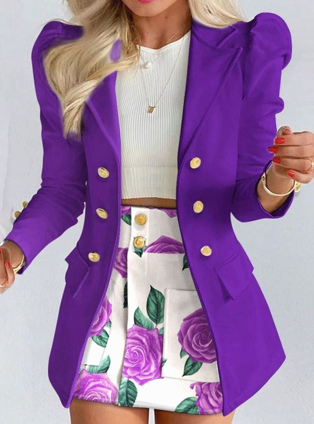 Women's Double-Breasted Puff-Sleeve Blazer Floral Skirt Co-ord Set - Purple