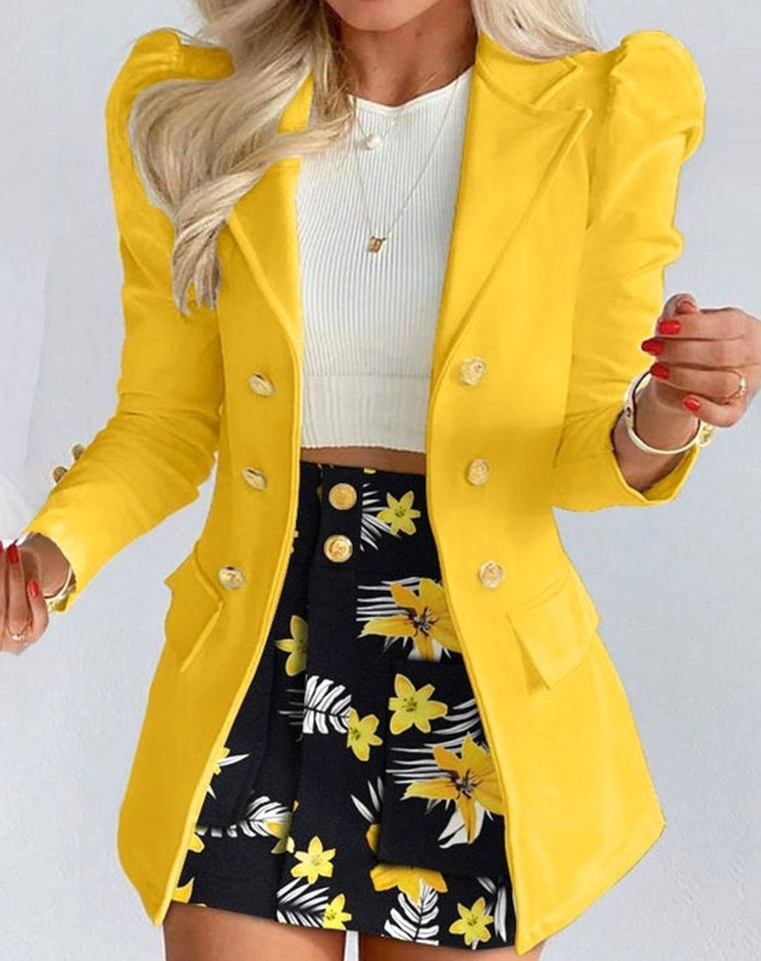 Women's Double-Breasted Puff-Sleeve Blazer Floral Skirt Co-ord Set - Yellow