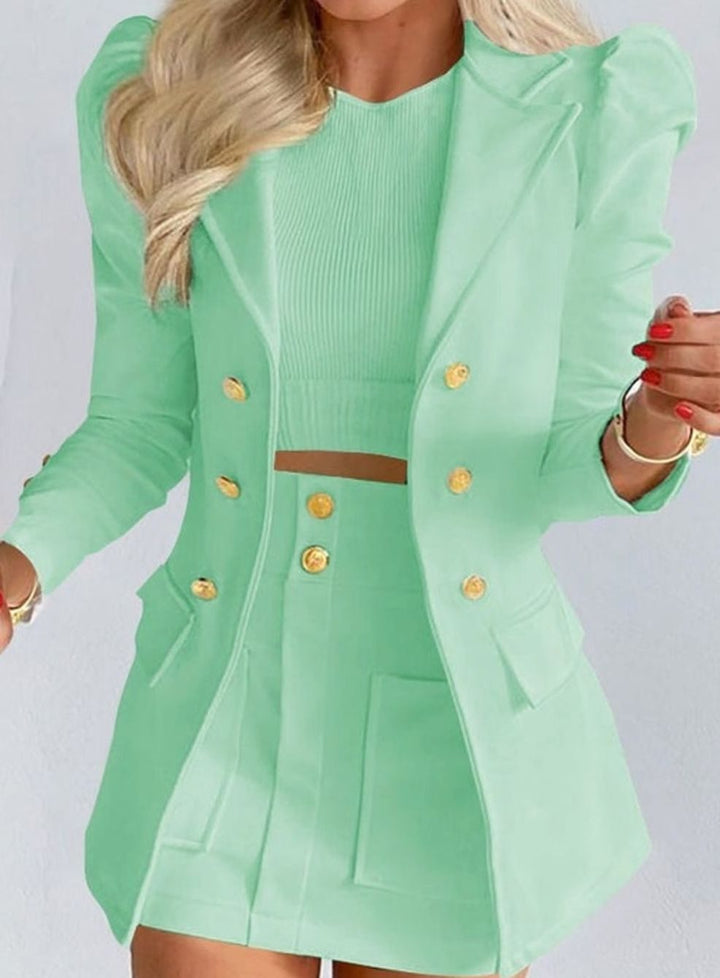 Women's Double-Breasted Puff-Sleeve Blazer Floral Skirt Co-ord Set - Light Green