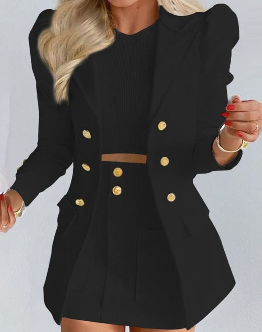 Women's Double-Breasted Puff-Sleeve Blazer Floral Skirt Co-ord Set - Black