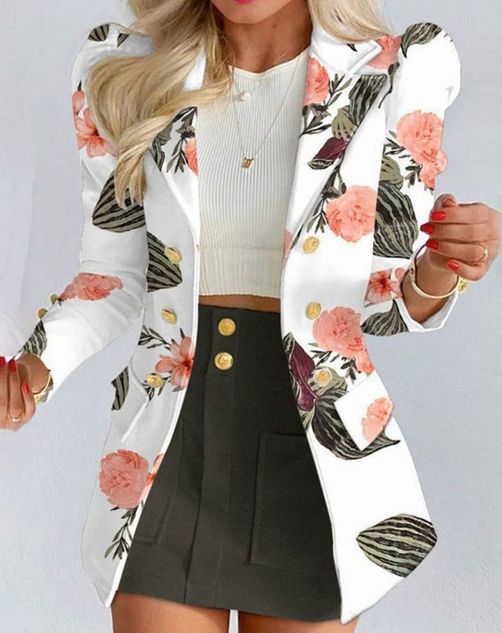 Women's Double-Breasted Puff-Sleeve Blazer Floral Skirt Co-ord Set - White - Black