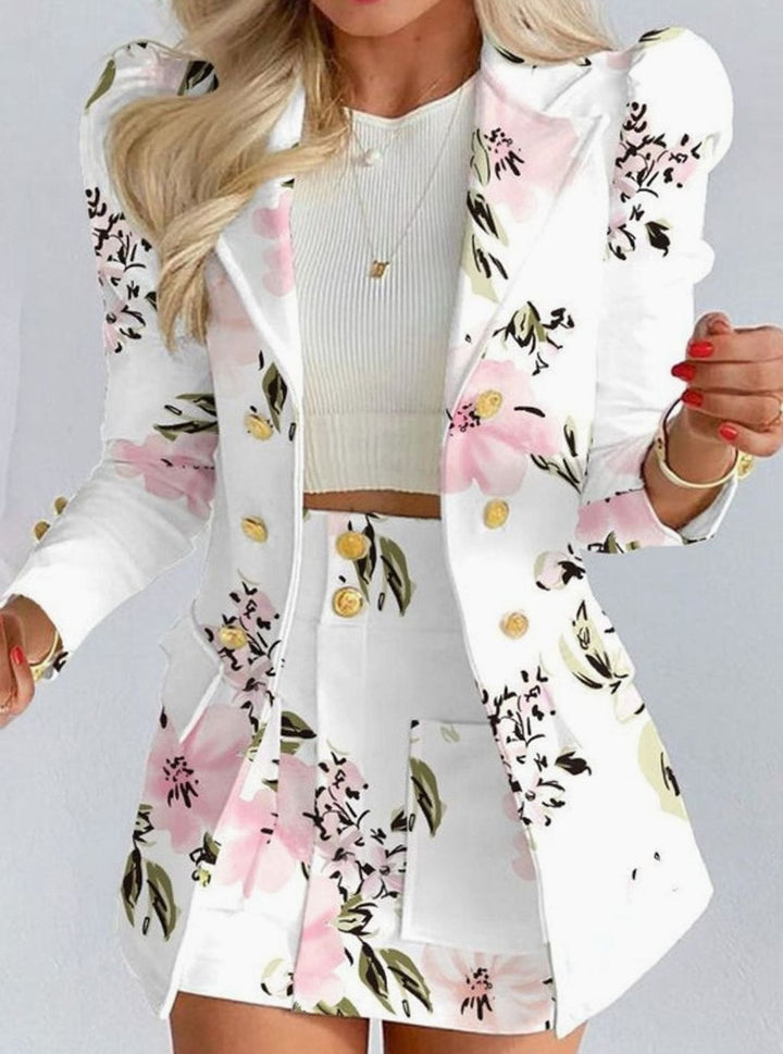 Women's Double-Breasted Puff-Sleeve Blazer Floral Skirt Co-ord Set - White - Floral