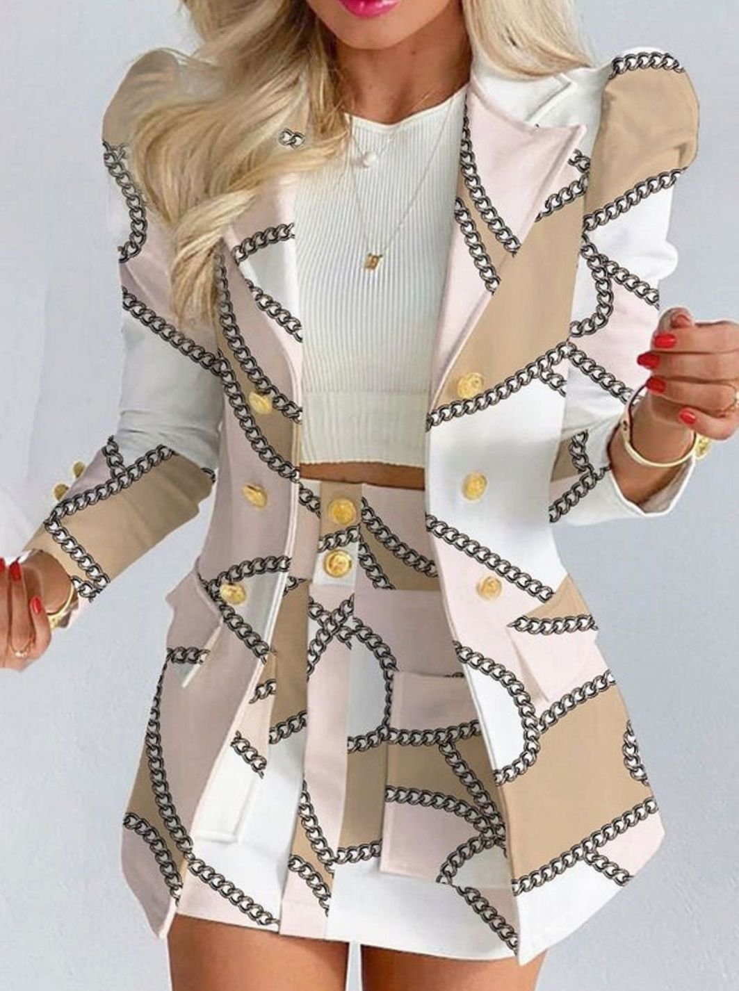 Women's Double-Breasted Puff-Sleeve Blazer Floral Skirt Co-ord Set - White - Chains