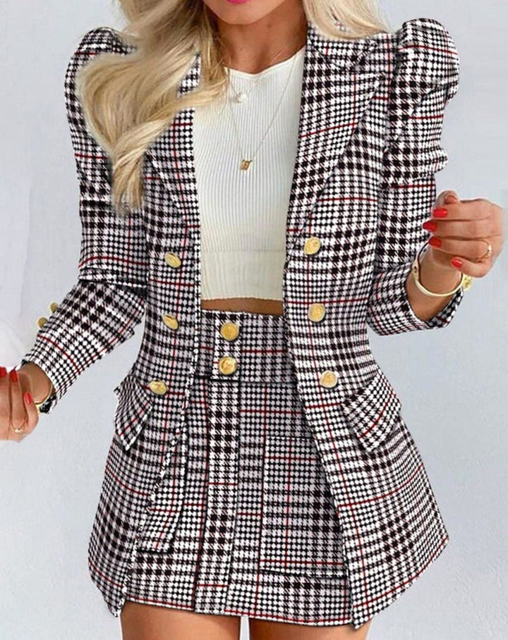 Women's Double-Breasted Puff-Sleeve Blazer Floral Skirt Co-ord Set - Black - Plaid