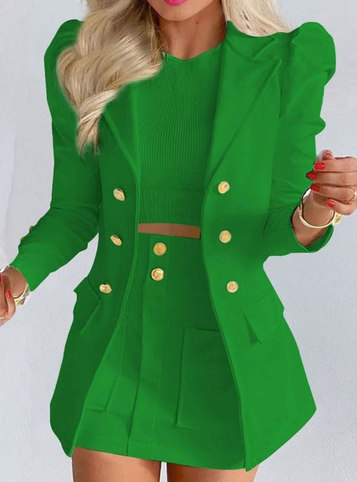 Women's Double-Breasted Puff-Sleeve Blazer Floral Skirt Co-ord Set - Green