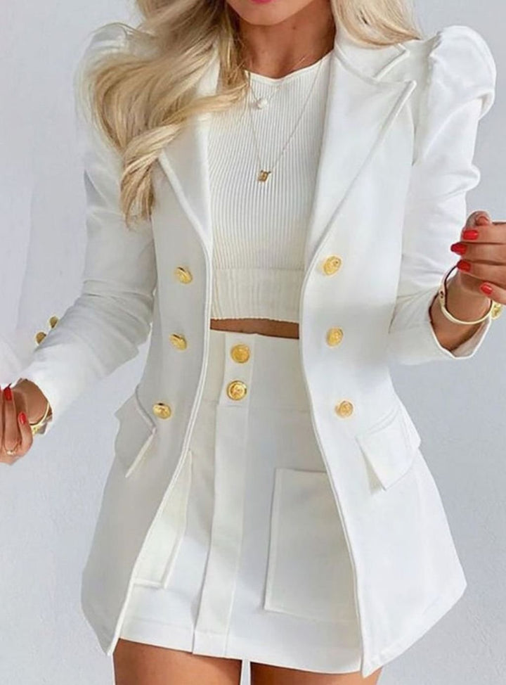 Women's Double-Breasted Puff-Sleeve Blazer Floral Skirt Co-ord Set - White
