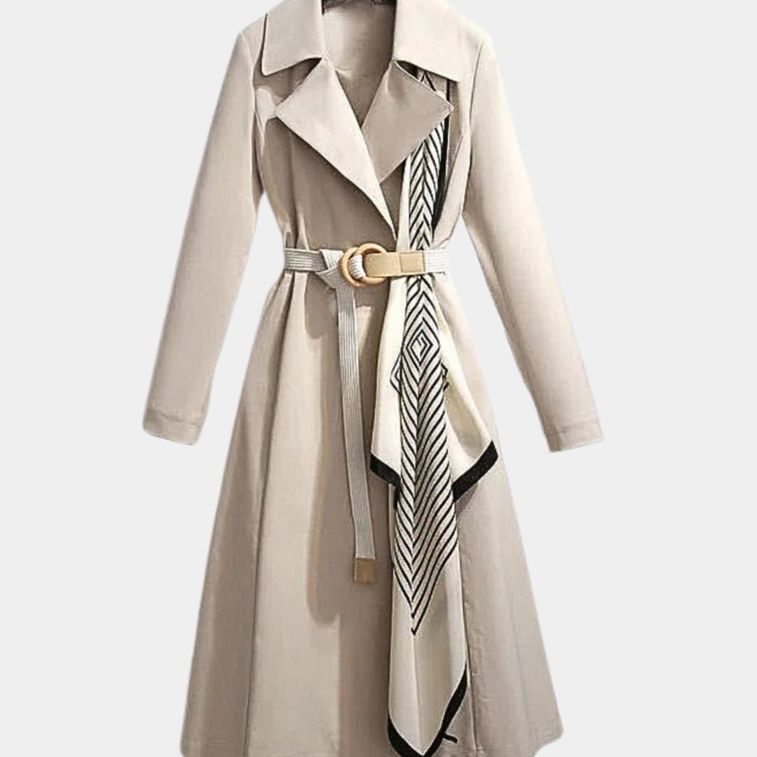 Women's Double-Breasted Scarf-Detail Belted Coat - Beige