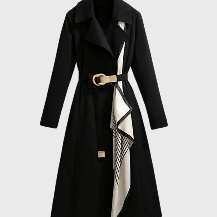 Women's Double-Breasted Scarf-Detail Belted Coat - Black
