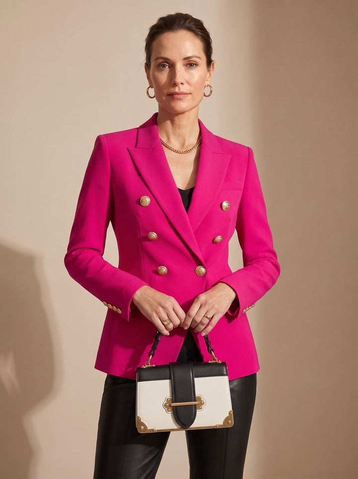 Women's Double-Breasted Tailored Blazer Gold-Tone Buttons - Pink