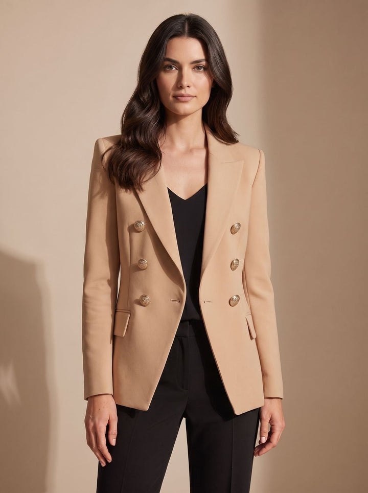 Women's Double-Breasted Tailored Blazer Gold-Tone Buttons - Khaki