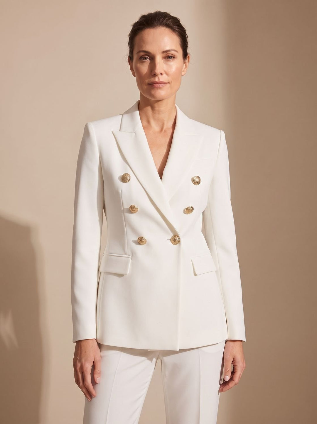 Women's Double-Breasted Tailored Blazer Gold-Tone Buttons - White