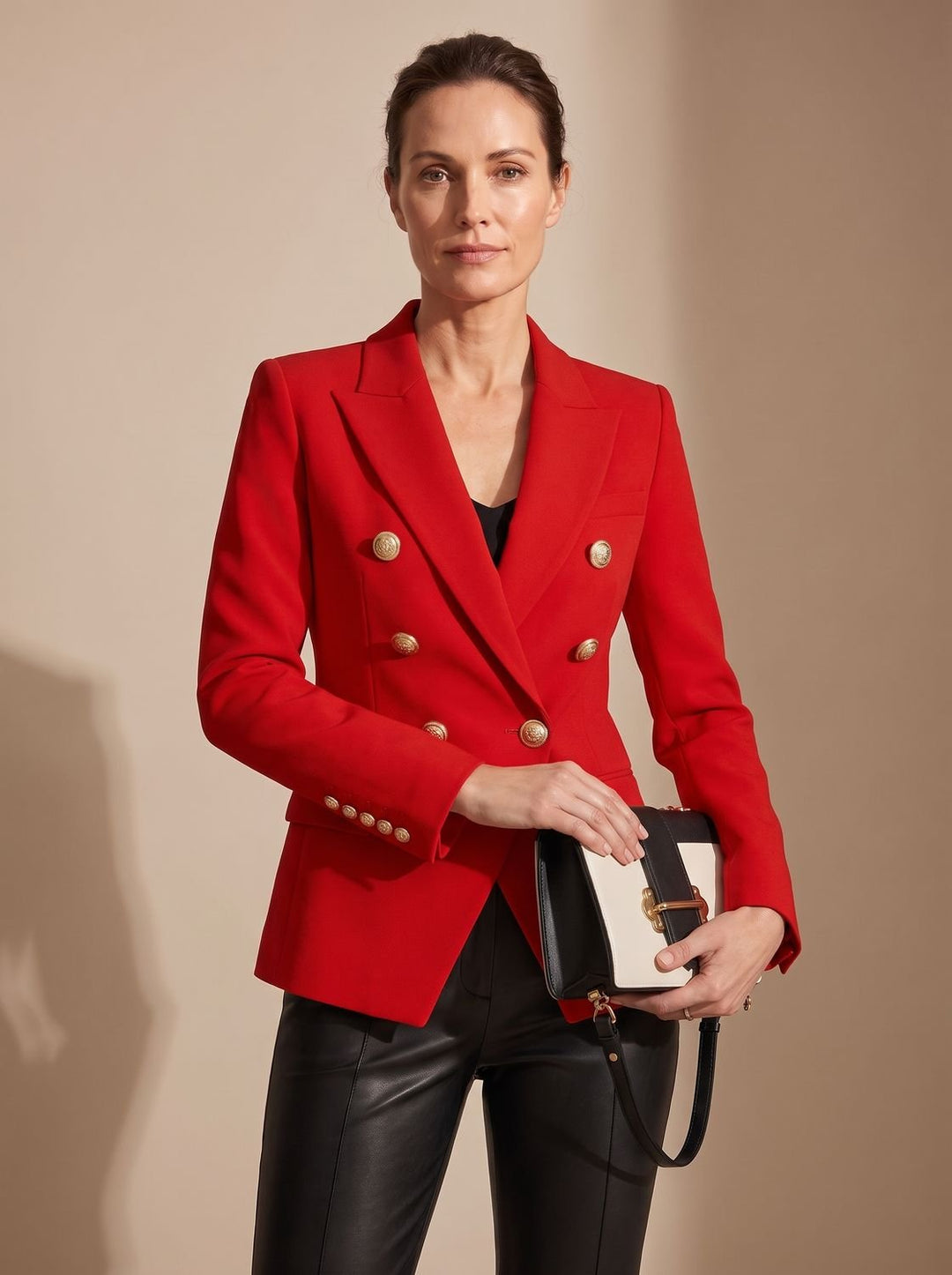 Women's Double-Breasted Tailored Blazer Gold-Tone Buttons - Red