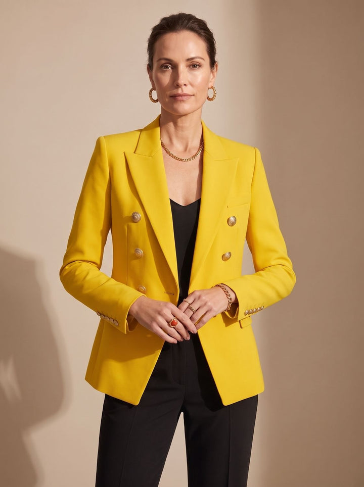 Women's Double-Breasted Tailored Blazer Gold-Tone Buttons - Yellow