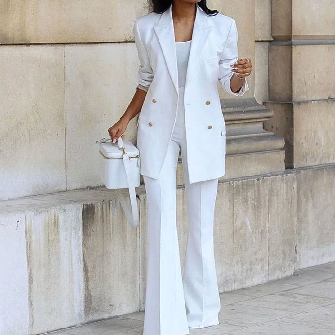 Women's Double-Breasted Tailored Blazer Suit Set Flared Pants - White